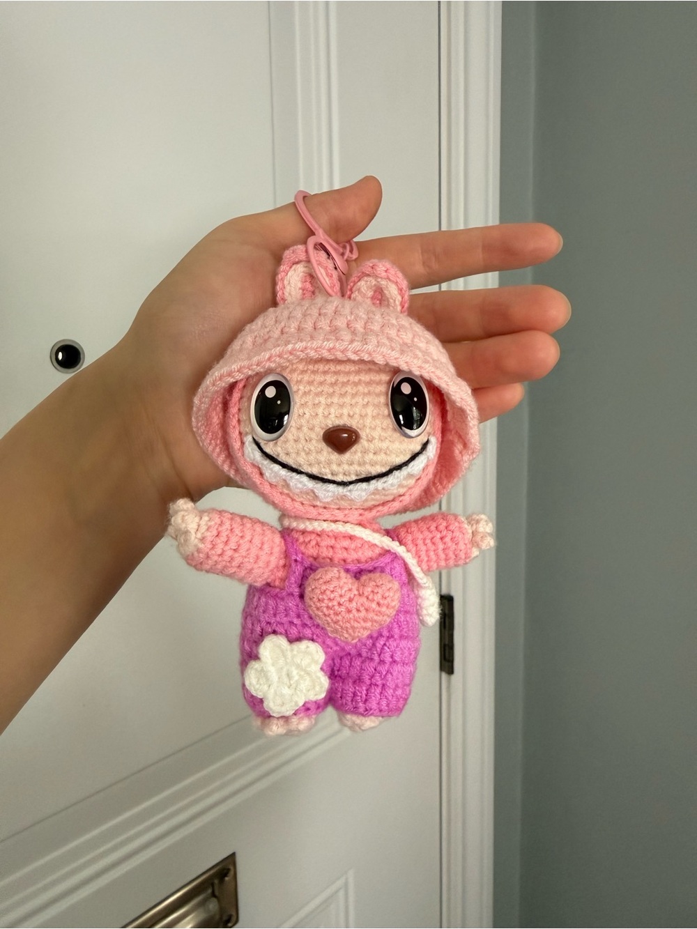 Handmade Pink and Green Labubu Crochet stuffed animal Toy Keychain charm. unique